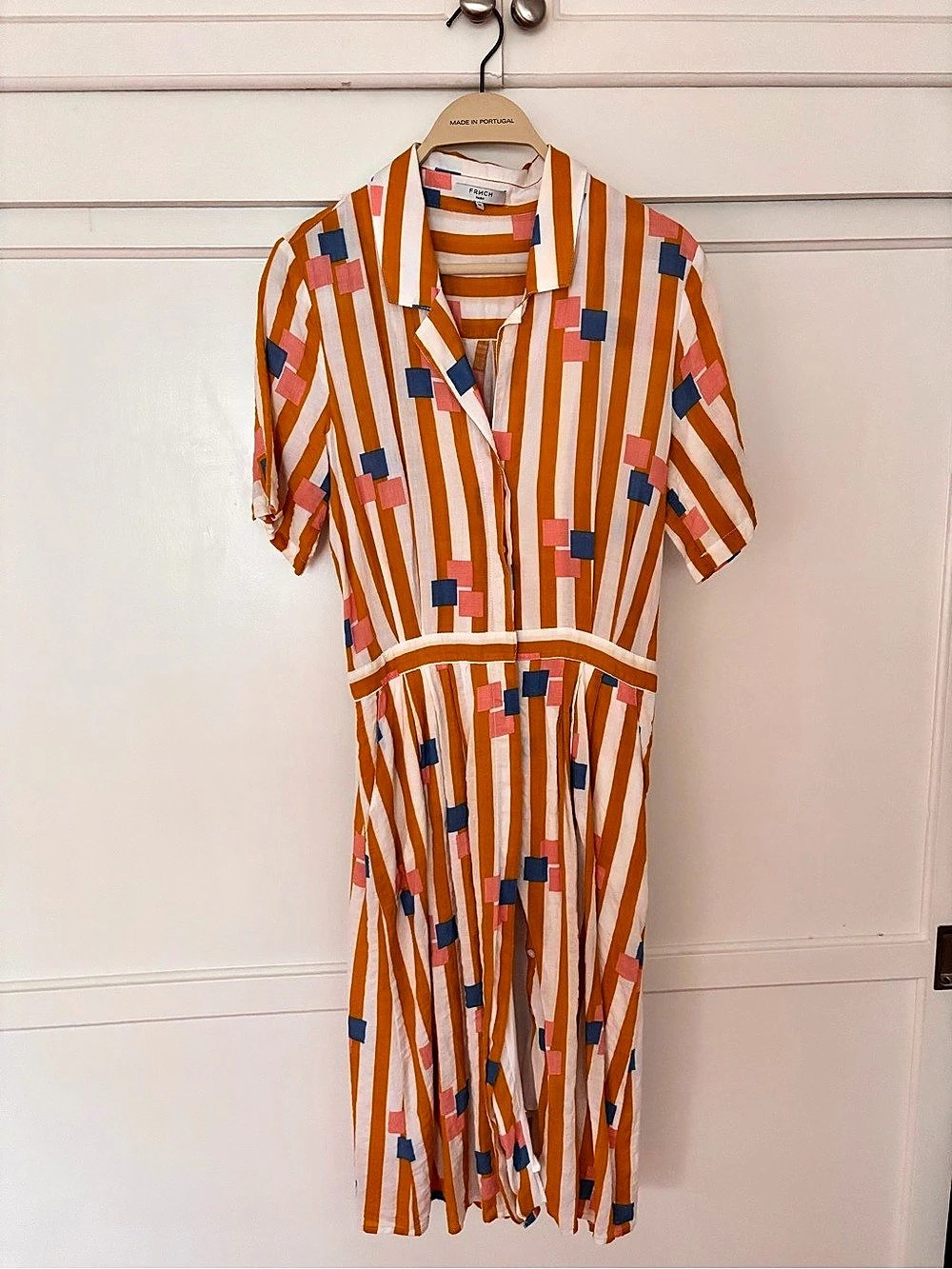 FRVICH Geometric Maxi Dress in Orange & White Size Medium Like New